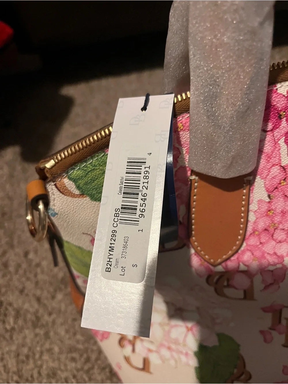 Dooney & Bourke Cream Satchel with Pink and Blue Hydrangea Print
